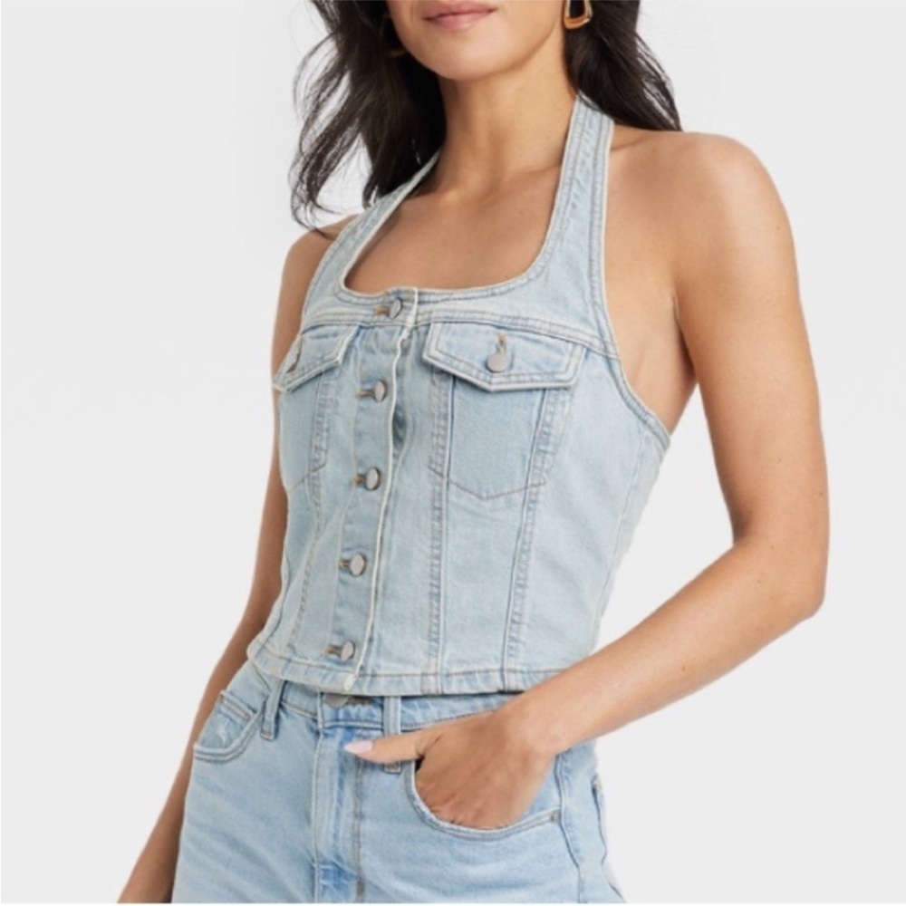 Light Wash Blue Denim Halter Adjustable Top